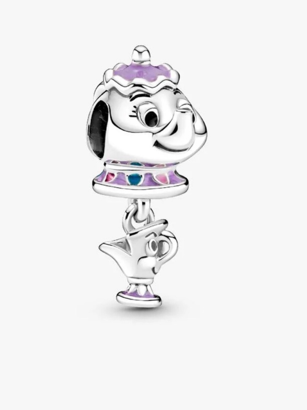 Pandora Disney Teapot Silver Charm with Purple and Teal Enamel Accents